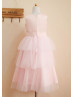 Blush Pink Satin Tutu Tulle Tea Length Flower Girl Dress